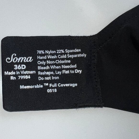Soma Bra Womens 36D Black Nylon Spandex Full Coverage Adjustable Straps - Picture 4 of 8